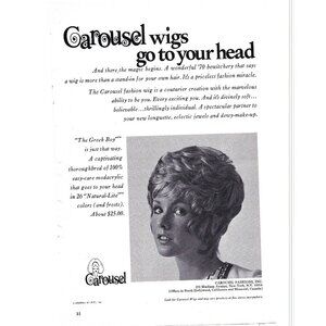 Carousel Wigs New York City Women Fashion 1970s Vintage Print Ad 9 inch
